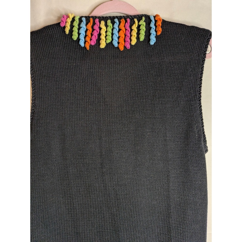 Vtg Colorful Knit Sweater Vest Granny Cardigan Rainbow Corkscrew Fringe Large - Picture 12 of 13